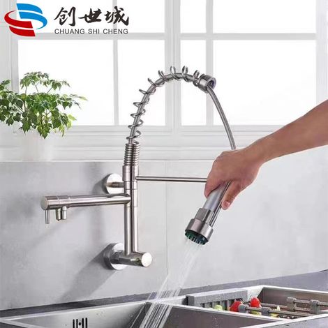 All-copper black wall-mounted spring-loaded single-cold kitchen faucet for sinks, vegetable basins, and dishwashers - rotatable faucet with brushed finish.