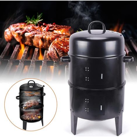 Holzkohlegrill Barbecue Smoker Räuchertonne Räuchergrill mit Thermometer Leichter Transport Räucherofen Rundgrill Holzkohlegrill Räuchertonne Grill Holzkohle Multifunktionsgrill Schwarz