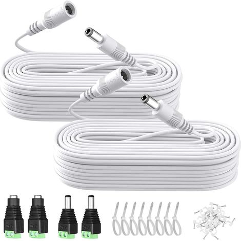Lot de 2 rallonges d'alimentation CC de 10 m - 5,5 mm x 2,1 mm - 12 V CC - avec connecteurs d'alimentation - Clips de câble - pour caméra de Surveillance, lumière LED et Plus Encore - Blanc (1/5)