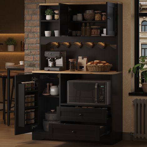 Armario de cocina (100x40x163 cm), con iluminación LED, espacio para microondas, MDF negro (1/5)