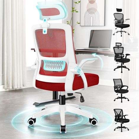 Ergonomischer Büro-Drehstuhl mit Lordosenstütze und Kopfstütze, Rot (1/5)
