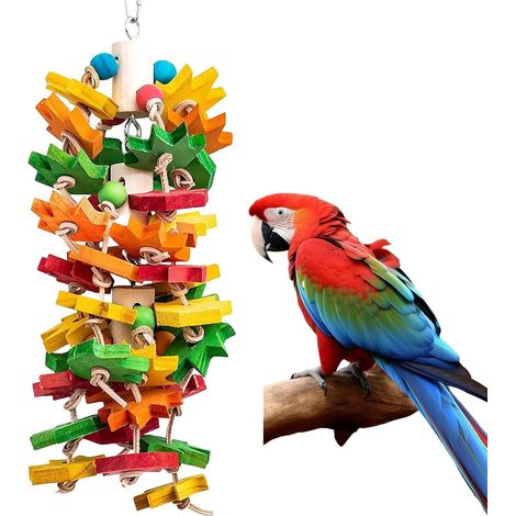 Jouet à mâcher pour perroquets et oiseaux de toutes tailles, bloc de bois naturel à déchirer avec motif de feuille d'érable multicolore, jouet pour tailler le bec des cacatoès gris d'Afrique et des pe (1/5)