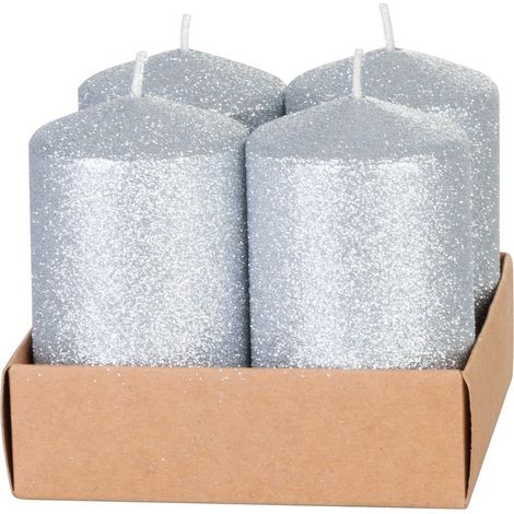 Kerze MagicHome Weihnachten, 4,8x8 cm, zylindrisch, Packung 4 Stk., silber, mit Glitzer, Advent (1/3)