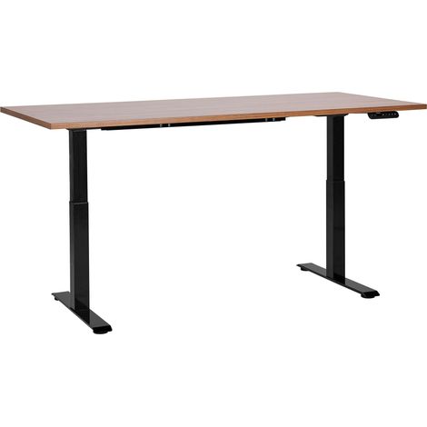 Bureau Électrique Hauteur Réglable Design Moderne Pieds Carrés 180 x 80 cm Plateau Bois Foncé et Cadre Acier Noir DESTINES