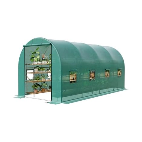 Serre jardin 4,5x2,1x2,1 m, cadre acier galvanisé, bâche PE, 8 fenêtres grillagées, porte métallique, légumes et hivernage plantes (1/5)