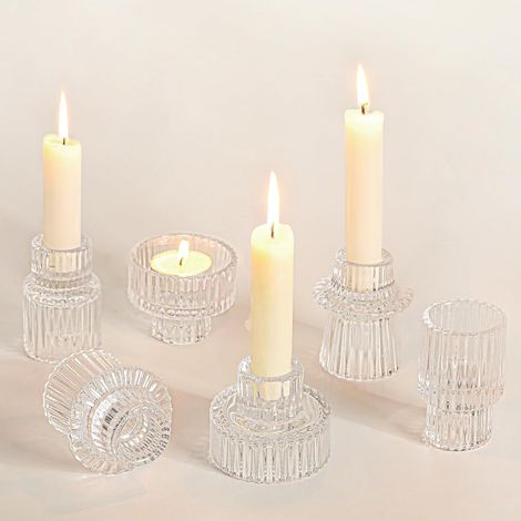 Set di 6 portacandele 2 in 1 in vetro trasparente - Piccoli portacandele per candele a stelo - Per matrimoni, decorazioni da tavola, tavoli da pranzo, feste, Natale - Trasparenti