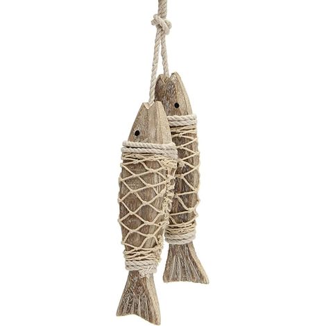 Décor Poisson Boho,2 pièces Poisson en Bois Avec Filet de Pêche Décoration Artistique Nautique pour Bateaux Chambre Maison Balcon Magasin Salle de Bain Maison de Lac Salon Pub (1/5)