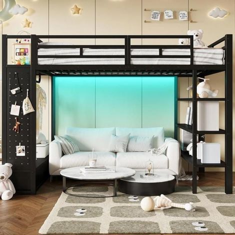 Lit mezzanine - KOMHTOM - Modèle 140 x 200 - Métal noir - Armoire ouverte et rangements - LED multicolore (1/5)