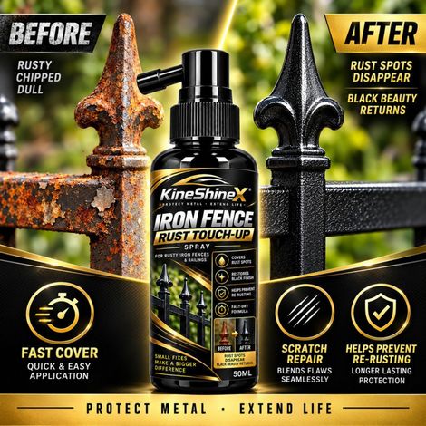 KineShineX Outdoor-Reparaturspray für Schmiedeeisenzäune deckt Rost und Kratzer ab, trocknet schnell und stellt eine glänzende schwarze Oberfläche wieder her. (1/5)