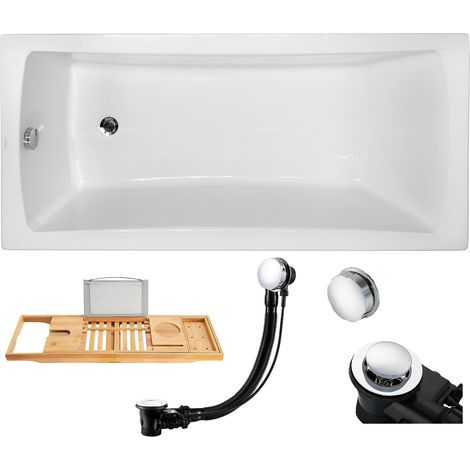 Badewanne Rechteck 150x70 + Bambus Ablage, Ablaufgarnitur & Füßen GRATIS - Komplettset 4in1 Original Acryl Wanne Siphon - BADLAND OPTIMA (1/5)