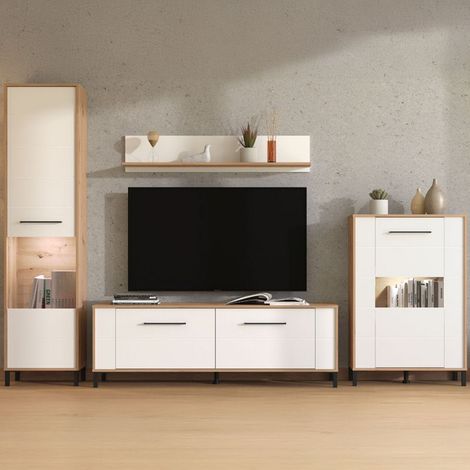 Mueble de Pared Cimbergo, Modular para Sala de Estar, 8 Estantes, 10 Compartimentos, 299x40x192.5h cm Blanco Mate (1/5)