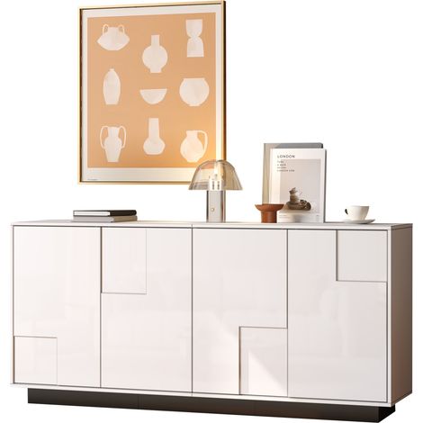 Buffet bas de salon blanc et noir, 4 portes géométriques haute brillance, grand rangement, 160 cm, plateau 50 kg, panneau de particules  CHICFURN (1/5)