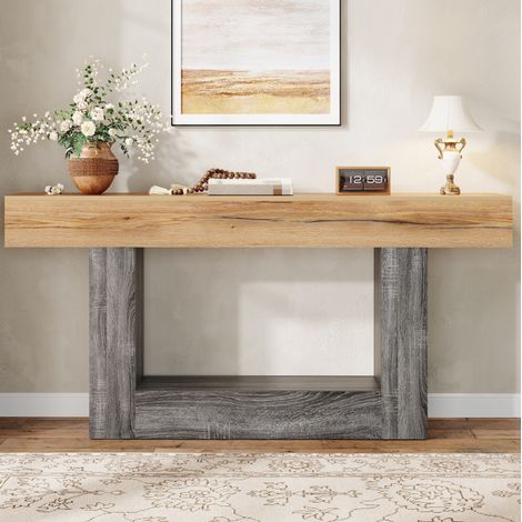 Tavolo consolle in truciolare effetto legno bicolore naturale, 160 cm con ripiano inferiore (1/5)