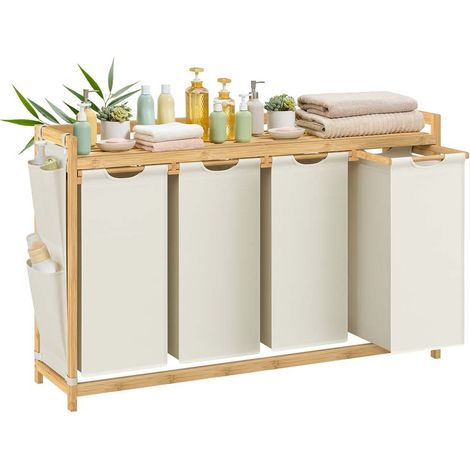 Cesto para ropa sucia con 4 compartimentos cesto de bambú para ropa sucia capacidad de 200 litros con estante y bolsillos laterales 124,6 x 33 x 78 cm beige 120007979