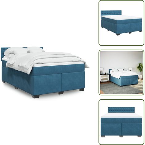 Sommier à lattes de lit et matelas Bleu foncé 140x190cm Velours - Lit Double - Literie - Chambre À Coucher - Matelas À Ressorts Ensachés - Surmatelas (1/5)