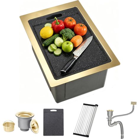 Évier 35x45cm Dissimulé Inox Calibre 16 Doré, Bar/Camping-Car/Ext. (1/5)