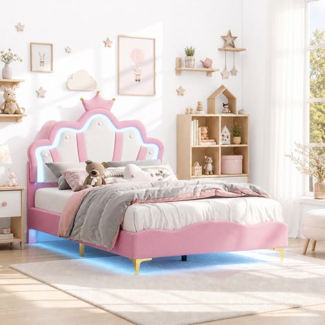 Lit Enfant 90x190 cm Rose, Lit Simple Princesse avec Tête de Lit Couronne et LED Réglable, Sommier à Lattes Inclus, Style Scandinave pour Chambre Fille