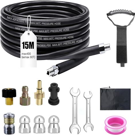 Kit de tuyau de nettoyage de canalisations 15 m, 400 bar, 140 °C, avec adaptateur et buses, kit de nettoyage de canalisations compatible avec Kärcher k2-k7, nettoyeur haute pression