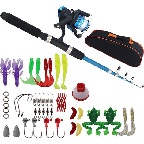 Canne à Pêche Enfant 1,5 m, Kit de Pêche Complet avec Moulinet, Boîte d’Appâts Bleu B, Canne à Télescopique et Sac de Transport