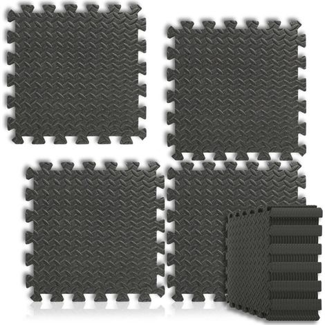Jiubiaz Dalles puzzle mousse EVA noir motif feuilles 40x40cm 18 pièces tapis de piscine antidérapant pour piscine et salle de sport (1/5)