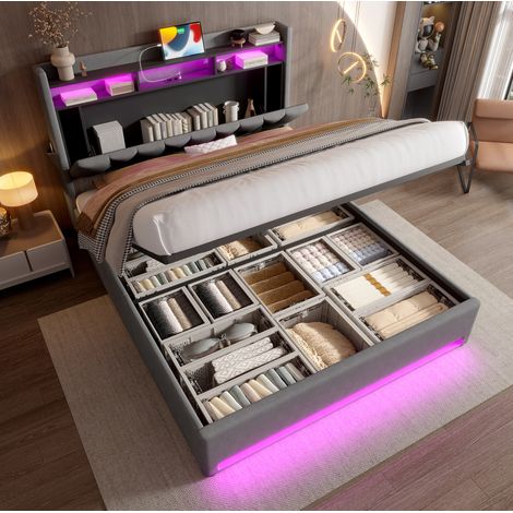 Letto imbottito 140x200 cm moderno in velluto grigio scuro con testiera contenitore, LED, USB-C e vano sottoletto (1/5)