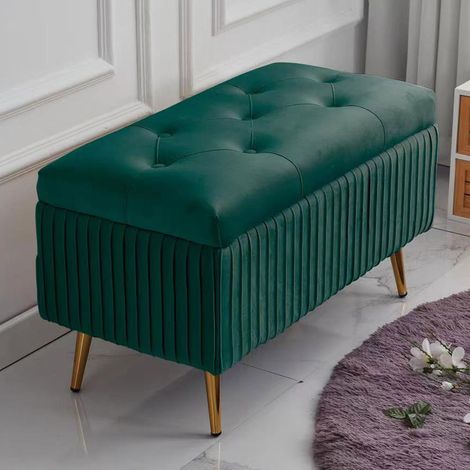 Pouf Contenitore Panca in Velluto Rettangolare Morbido Capiente Divanetto Verde (1/5)