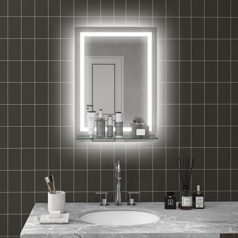 Miroir mural LED à éclairage réglable 3 couleurs, étagère en verre argenté pour salle de bain, 50x12x70 cm (1/5)