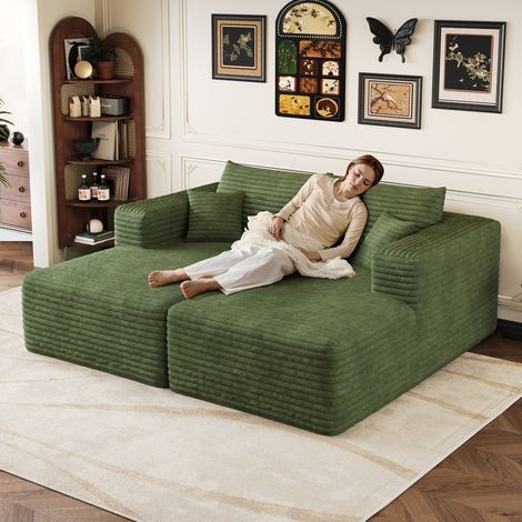 180151cm, Canapé confortable en velours côtelé moderne minimaliste habillé, canapé Chaiselongue en mousse pour l'espace de vie, Canapé modulaire moderne sans os, Canapé-lit, Vert (1/5)