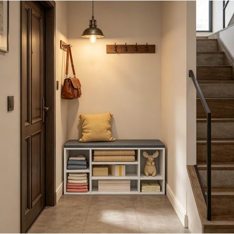 Panchetta portascarpe 103,5 x 30 x 48 cm bianco e grigio, 7 vani, struttura in legno MEUBLIV (1/4)