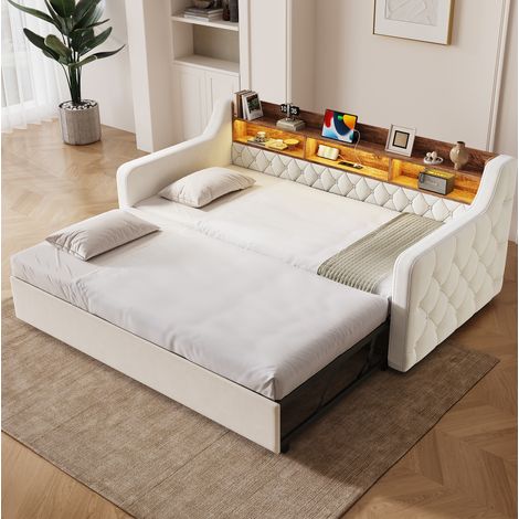 Sofá cama 90x190 cm con cama nido, terciopelo beige, cabecero con almacenaje, OKWISH (1/5)