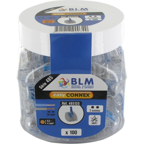 Boîte de 100 connecteurs à leviers transparents 2 entrées – Pour fils souples et rigides de 0,2 à 4 mm² – Contact cuivre et laiton nickelé – 32 Ampères – BLM (1/4)