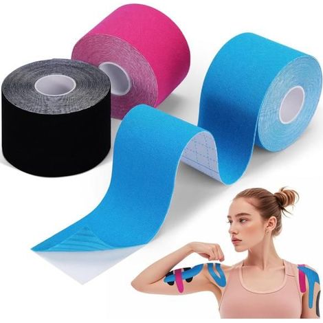 Trois rouleaux de bandage sportif, 5 mètres x 5 centimètres, bande de kinésiologie respirante et élastique, adaptée aux genoux, au sport et à d'autres usages. (1/4)