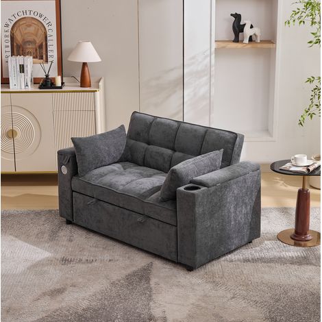 Canapé-lit 2 places 140.5x74x82 cm gris en tissu avec dossier réglable, USB, table et rangement (1/5)