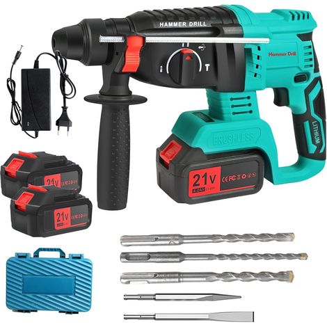 Marteau Perforateur Sans fil Perceuse à Percussion con SDS-Plus Mandrin, Moteur Sans Balais, Forage, Martelage et Démolition, 6x Forets, 2Batterie 4.0Ah (vert) (1/5)
