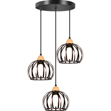 NORCKS Vintage Pendant Light, 3 Lights, Round Metal Shade, 20 cm In Diameter, Modern Style, Black, E27 Bulb (1/5)