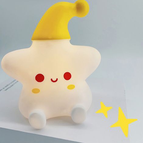 Veilleuse mignonne, lampe de chevet protectrice pour les yeux, lampe de nuit, à piles, lampe de table étoile à chapeau rouge et jaune, chapeau jaune (1/5)