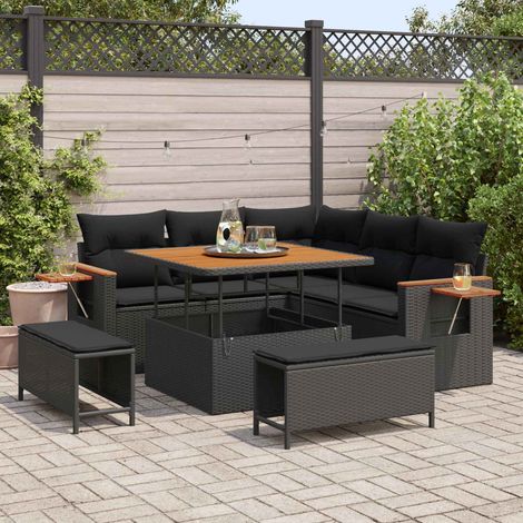 vidaXL Ensemble de canapé de jardin avec coussin 9 pcs Noir polyrotin (1/5)
