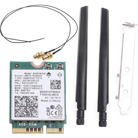 Kit WiFi de bureau AX201NGW : étend le WiFi 2,4 GHz/5 GHz, Bluetooth 5.0 double bande, inclut un câble RF, des antennes à gain élevé et des supports. (1/5)