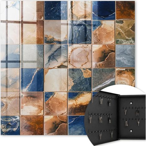 Armoire à clés - (30 cm x 30 cm) - Boîte à clés murale - Coffret de rangement pour clés - Couleur noire - Ouverture vers la gauche - Pour maison et bureau - Mosaïque de marbre (1/5)