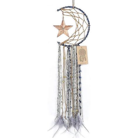 Attrape-rêves bleu fait main, motif demi-lune, plumes et étoile, décoration murale, artisanat, cadeau de fête (1/5)