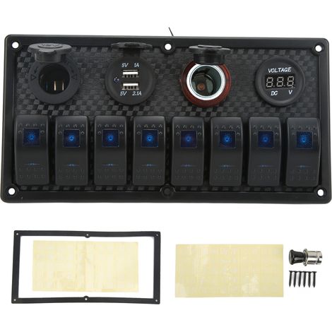 Car Boat Rocker Switch Panel Blue LED Light with Dual USB Voltmeter Cigarette Lighter 12‑24V for Yachts Ships Caravans (1/5)