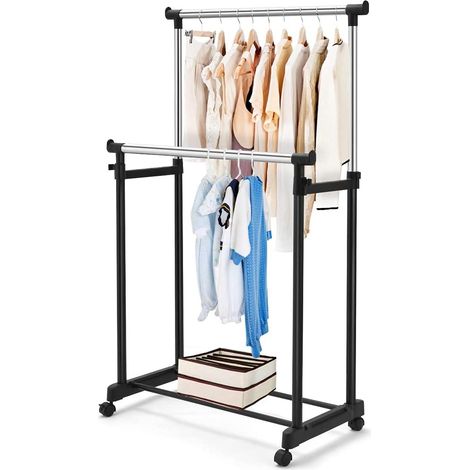 COSTWAY Stand Appendiabiti Multiuso in Metallo, Porta Abiti con Ruote, Appendiabiti Doppio con Altezza Regolabile, 86x43x94-168 cm (1/5)