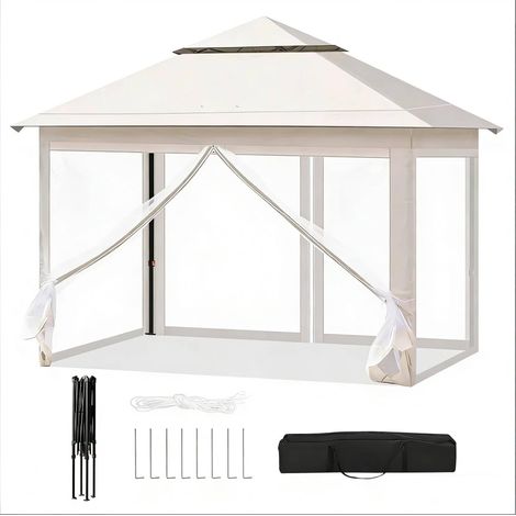 Pavillon pliant extérieur 3x3 m en tissu Oxford beige avec structure en acier (1/5)