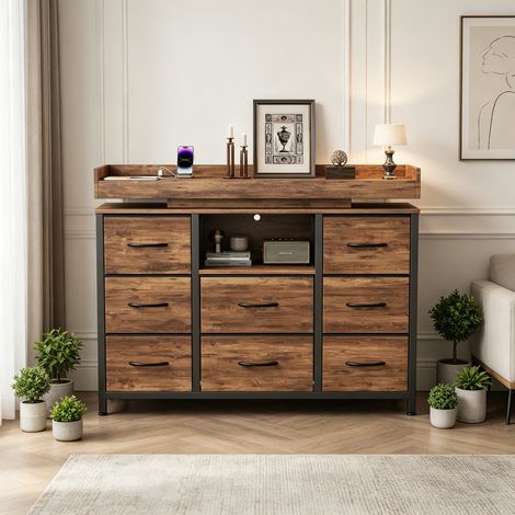 Commode avec 8 Tiroirs en Tissu, Meuble TV avec Lumière LED, Commode Chambre Adulte avec Prises de Courant -Cadre en métal, adaptée au salon, chambre à coucher