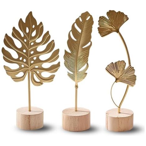 QORVA-Set de 3 Sculptures Décoratives Dorées – Feuille de Ginkgo, Monstera et Plume en Métal avec Socle en Bois, Statue Décoration Intérieur, Déco Salon Moderne, Décoration Bureau ou, Objet Art Déco M