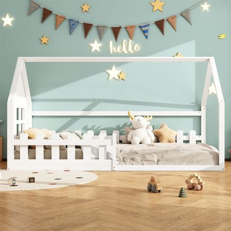 Lit plat 90200cm, lit bébé, plinthe de maison, blanc