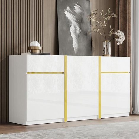 Meuble sideboard - KOMHTOM - 160x40x78 cm - Laqué brillant blanc - 3 portes 2 tiroirs - Étagères réglables (1/5)