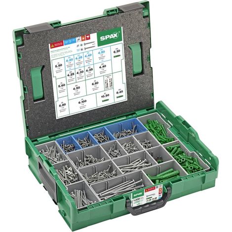 Spax – Mallette de montage pour électriciens – 1 200 vis tête demi-ronde – 250 chevilles – 6 embouts T-STAR plus – L-BOXX modulable
