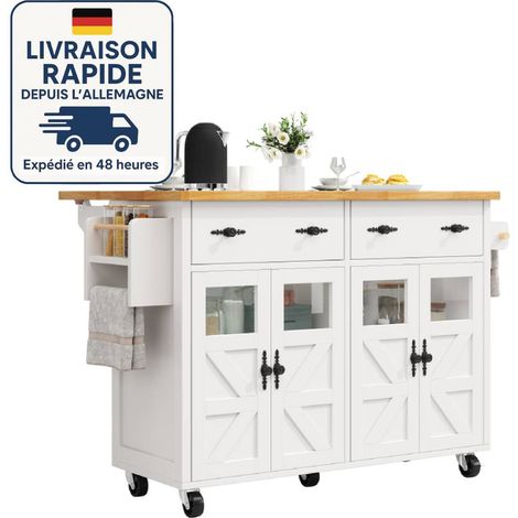 Carrito de cocina con 5 ruedas - Tablero ajustable con estantes de madera y soportes laterales - Madera con certificación PEFC - Blanco (1/5)