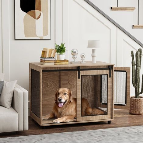 Caisse pour chien 98x60x78 cm en panneaux de bois, marron clair, gain de place pour salon FLORAGRACE (1/5)
